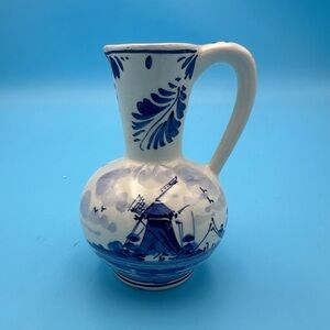 DELFT Holland Hand-Painted Ewer Pitcher Ceramic White/Blue Floral w Windmill VGC